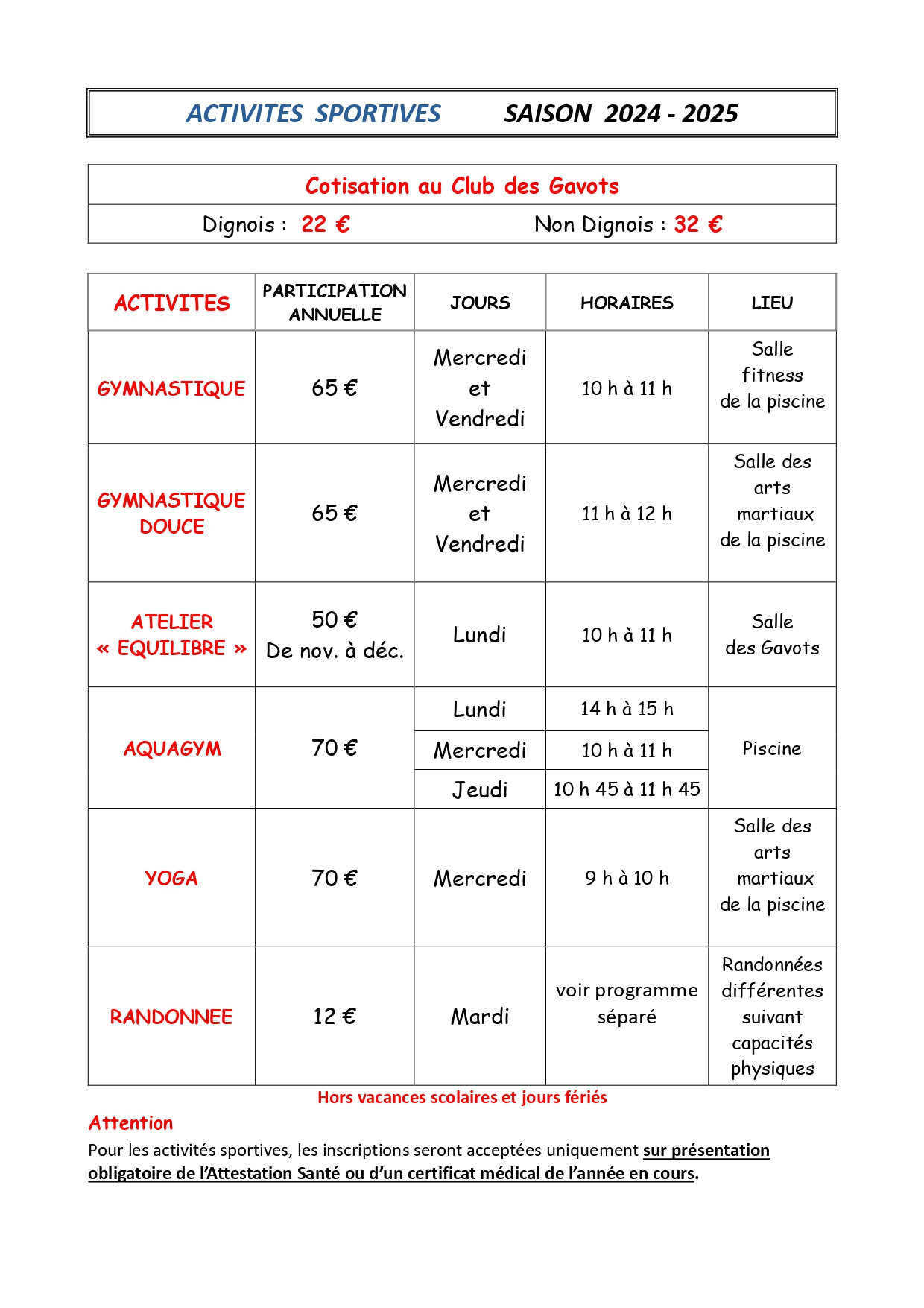 activités sportives 2024 2025